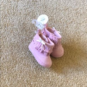 Pink fringe moccasins booties